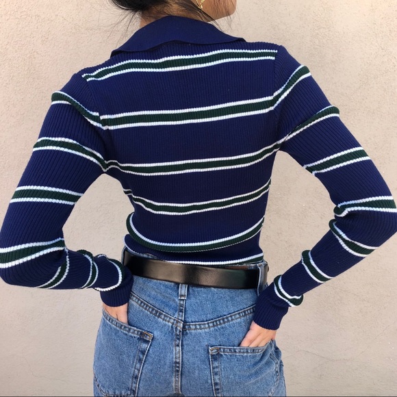 Vintage Striped Blue O-Ring Zip Knit Top - Picture 3 of 4